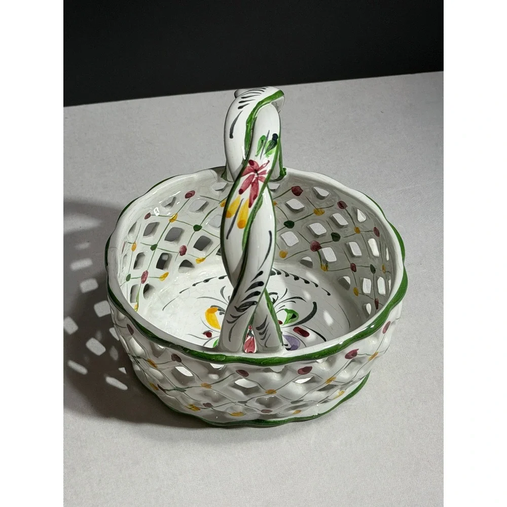 Vintage Hand Painted Portugal Ceramic Reticulated Lattice Floral Basket 406D